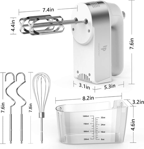 LILPARTNER 450W Electric Hand Mixer with Scale Cup & Storage Case – Silver White