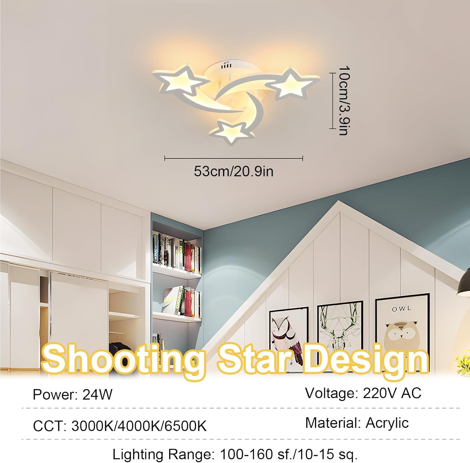 Ceiling light fixture with shooting star design in a room setting, showing dimensions and product details.