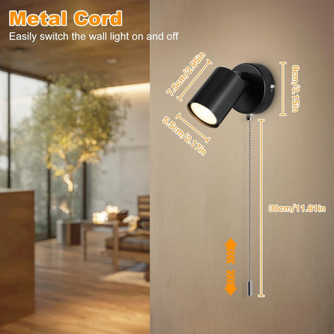 Adjustable Indoor Wall Lamp - GU10 Modern Wall Lights for Living Room - with Pull Cord Switch - Black Wall Spotlight Fixtures - Wall Sconces for Bedroom Bedside Hallway - Bulb Not Included