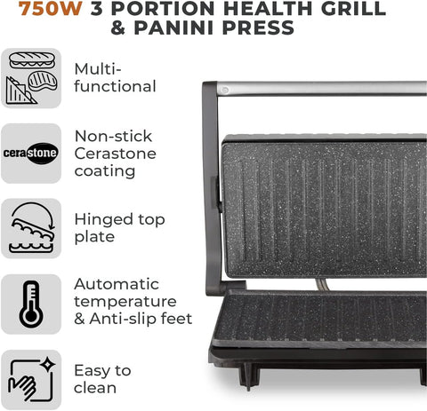 Health Grill & Panini Press 750W with Non-Stick Cerastone Coating