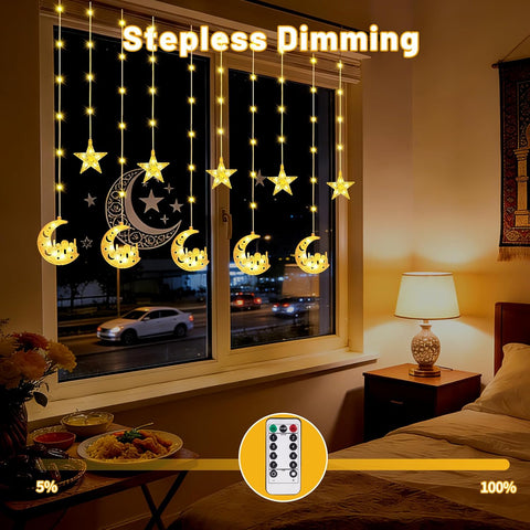 Ramadan Star Moon Curtain Lights – 3M LED Fairy String Lights with USB & Battery Power, 8 Lighting Modes for Indoor Decoration