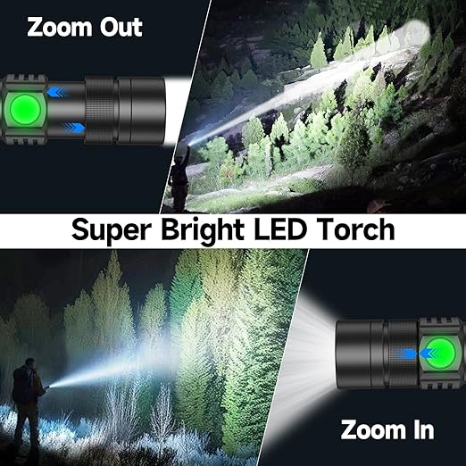 Torch LED Rechargeable Super Bright, Pocket Clip Adjustable Focus, 4 Lighting Modes, Long Battery Life, Small Torches Waterproof Flashlight for Power Cuts, Emergency, Camping, Outdoor, 2 Pack