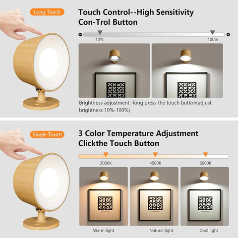 Touch control lamp with brightness and color temperature adjustment features.