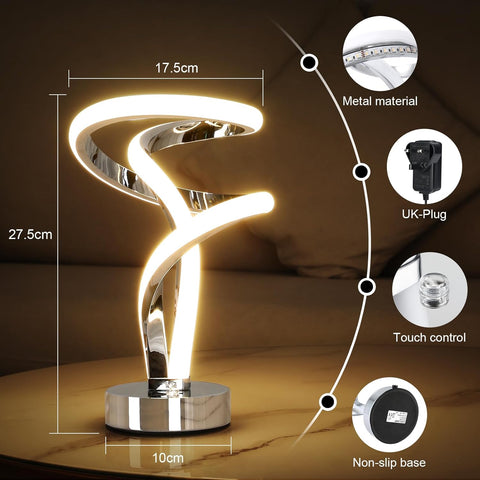 Decorative LED lamp with features and measurements on a dark background