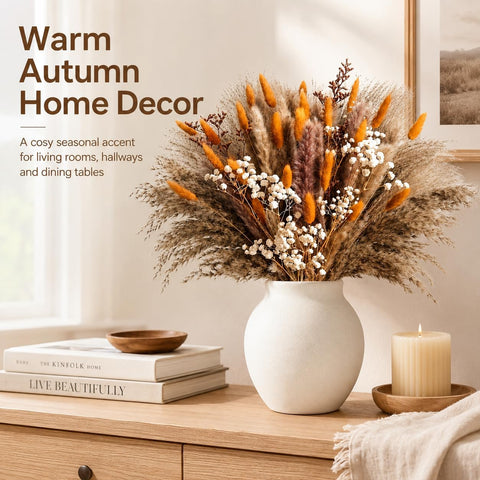 82 Pcs Dried Flowers Bouquet for Fall Decor, Autumn Pampas Grass Decor 44cm Orange natural dried flowers for autumn decor, vase filler and wedding table centrepiece; DIY pack, no vase included.