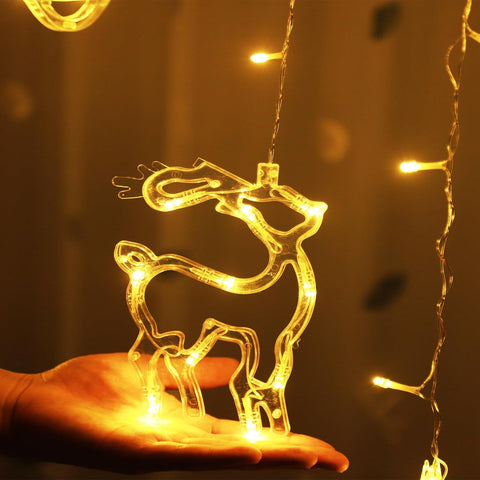 3.5m LED Christmas Curtain Lights – 120 Warm White Fairy LEDs with Hanging Stars, Reindeer, Bells & Trees - Turn Your Windows into a Little Christmas Wonderland