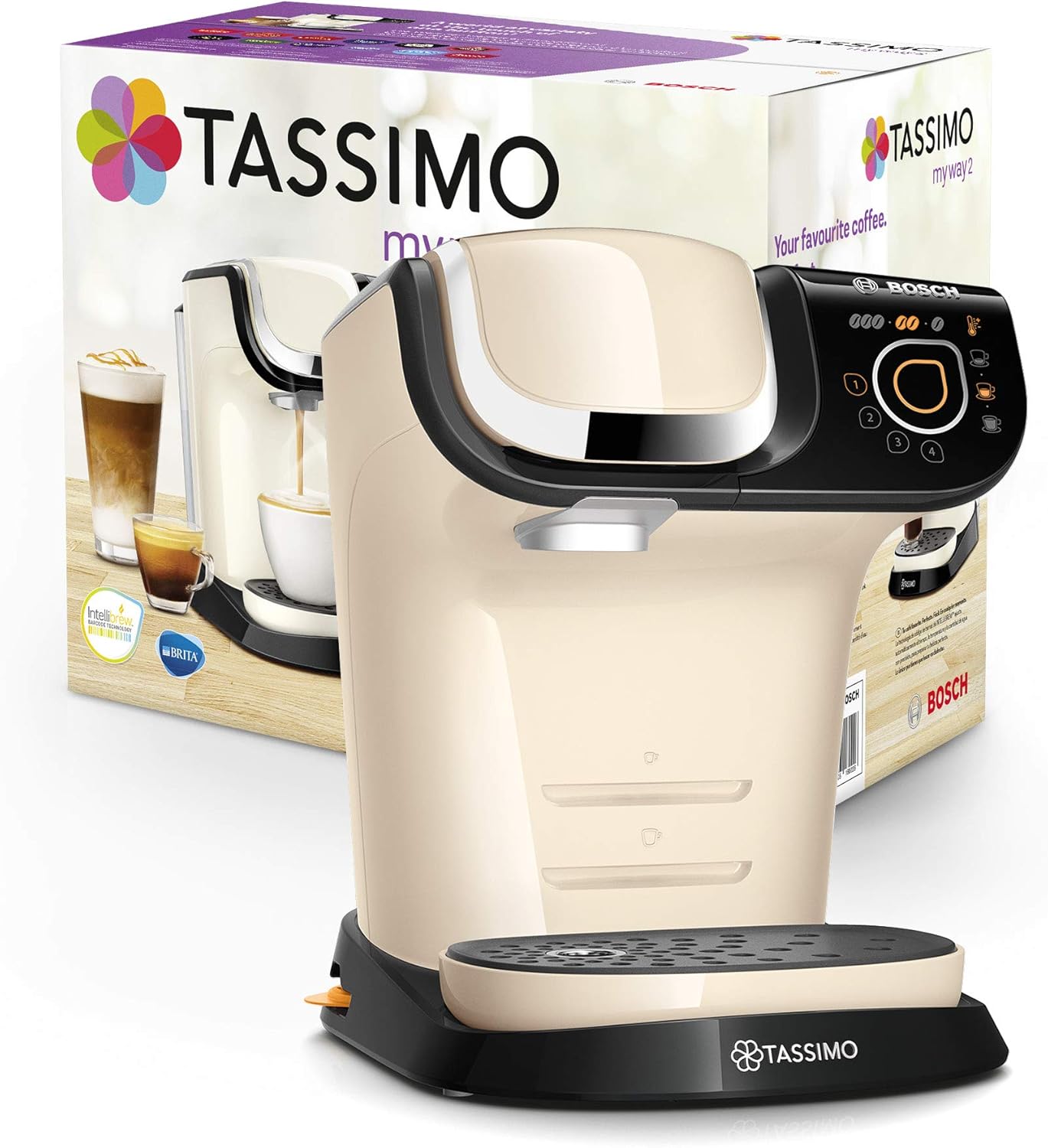 Tassimo coffee machine with packaging in the background