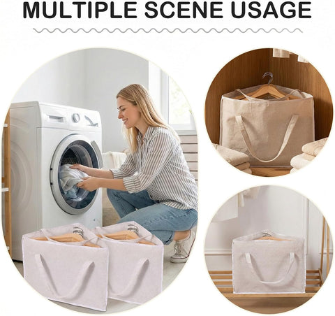 Atnayo 2-Pack Hanger Storage Bags, Off-White Foldable Clothes Hanger Organisers with Reinforced Carry Handles, Cotton Linen Wardrobe Storage for Travel & Home