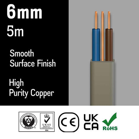 Primes DIY Electric Socket wire cable 6mm Twin and Earth Flat Grey PVC Lighting Electric Cable 6242Y electrical Wire BASEC Approved (5 Meter)