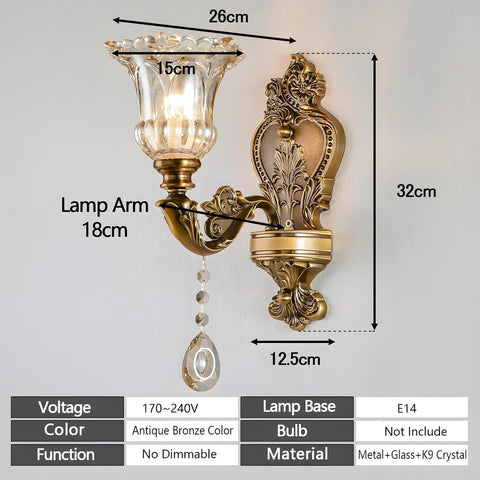 Vintage Floral Wall Mount Lamp Crystal Glass E14