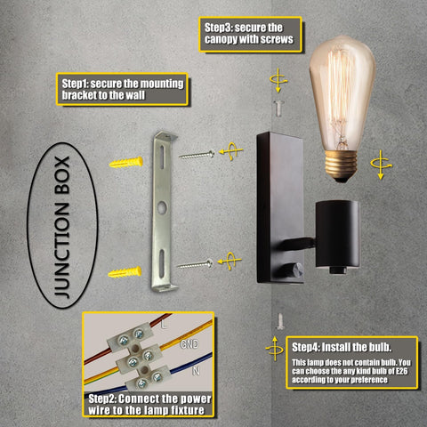 Black Dimmable Industrial Wall Lights with Switch 2 Pack