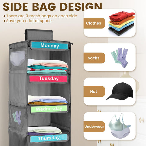 PandaHug Weekly Clothes Organiser for Kids, 5-Shelf Hanging Wardrobe Storage with Monday to Friday Labels and 6 Mesh Side Pockets, White