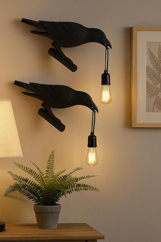 Set of 2 Black Birds Wall Lamps Resin Crow Desk LED Lamp E27 Base Modern Raven Art Deco Bedside Decor Plug in Cord Table Lamps for Bedroom, Office, College Dorm, Right Black Wall