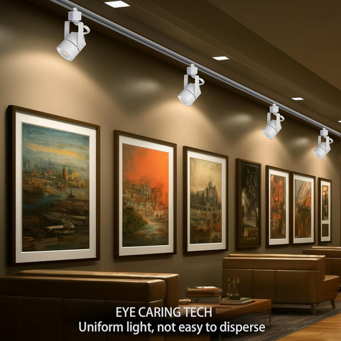 Modern interior design with framed artworks on a wall and track lighting.