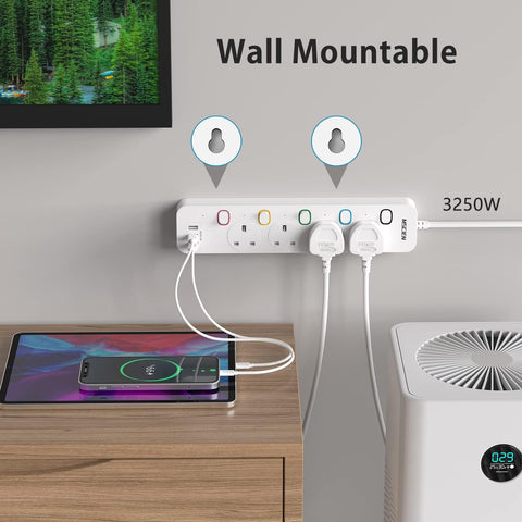 Mscien Extension Lead with 4 Sockets, 3 USB Ports, 3m Cable & Individual Switches – Keep Your Desk Tidy and Your Everyday Devices Within Reach