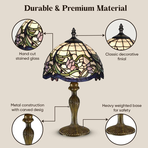 Elegant Floral Tiffany Table Lamp – Handmade Stained Glass Vintage Bedside Lamp with Touch Switch, 8-Inch Shade & 13-Inch Stand for Bedroom, Living Room & Lounge