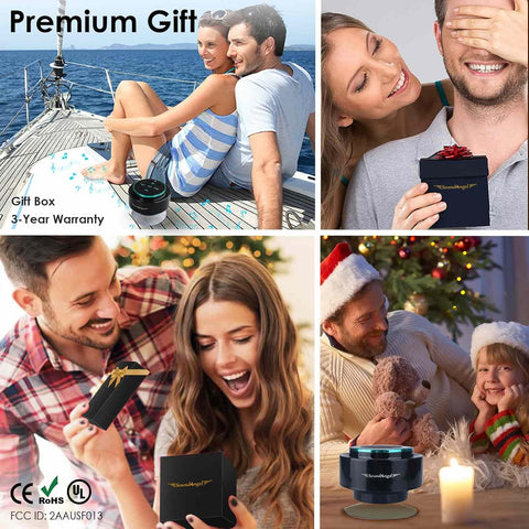Collage of people enjoying a premium gift, including a couple on a boat, a couple opening a gift, a family with a teddy bear, and a product with certification logos.