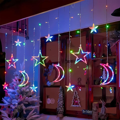 Ramadan Star Moon Curtain Lights – 138 LED Window String Lights with 8 Modes, USB & Battery Powered Multicolor Decor