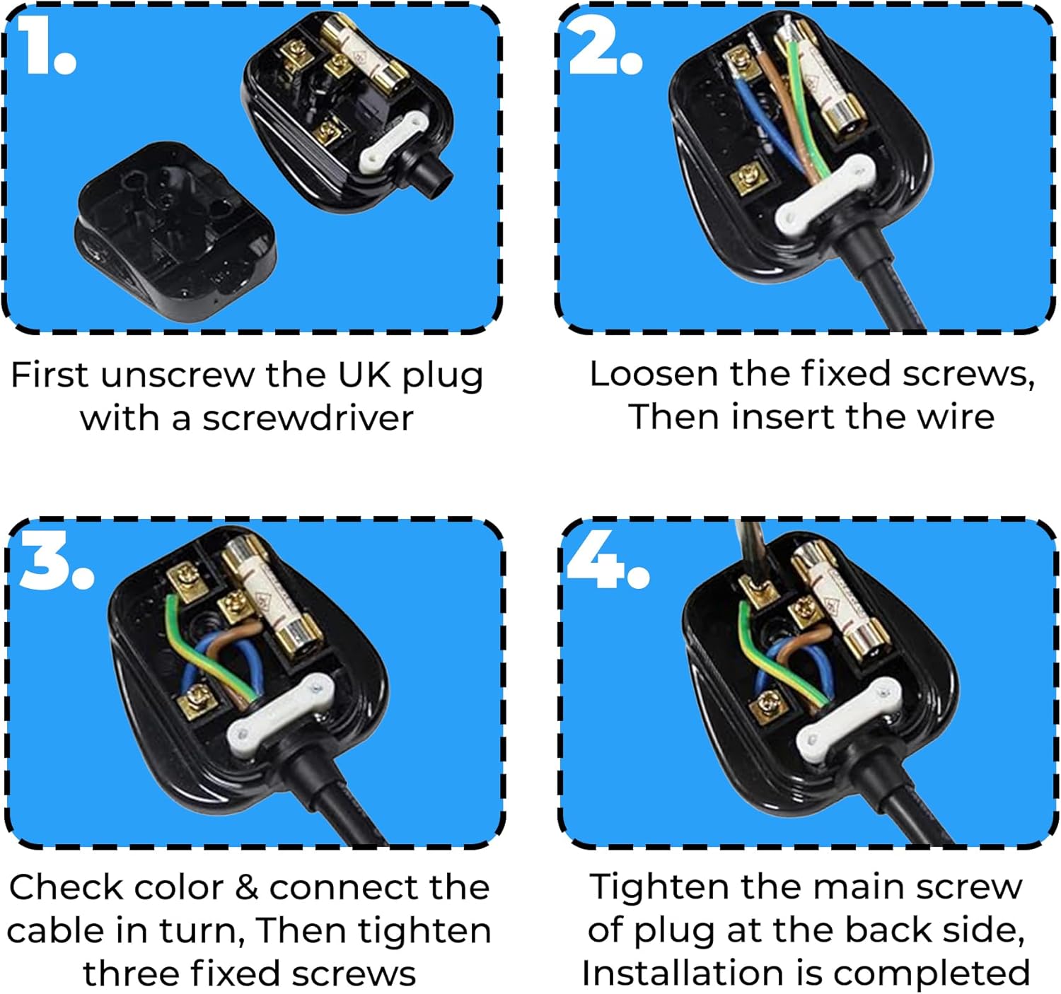 Step-by-step guide on how to install a UK plug with illustrations and text.