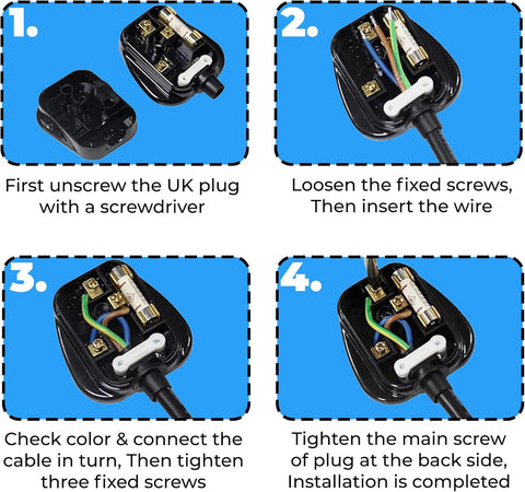 Step-by-step guide on how to install a UK plug with illustrations and text.