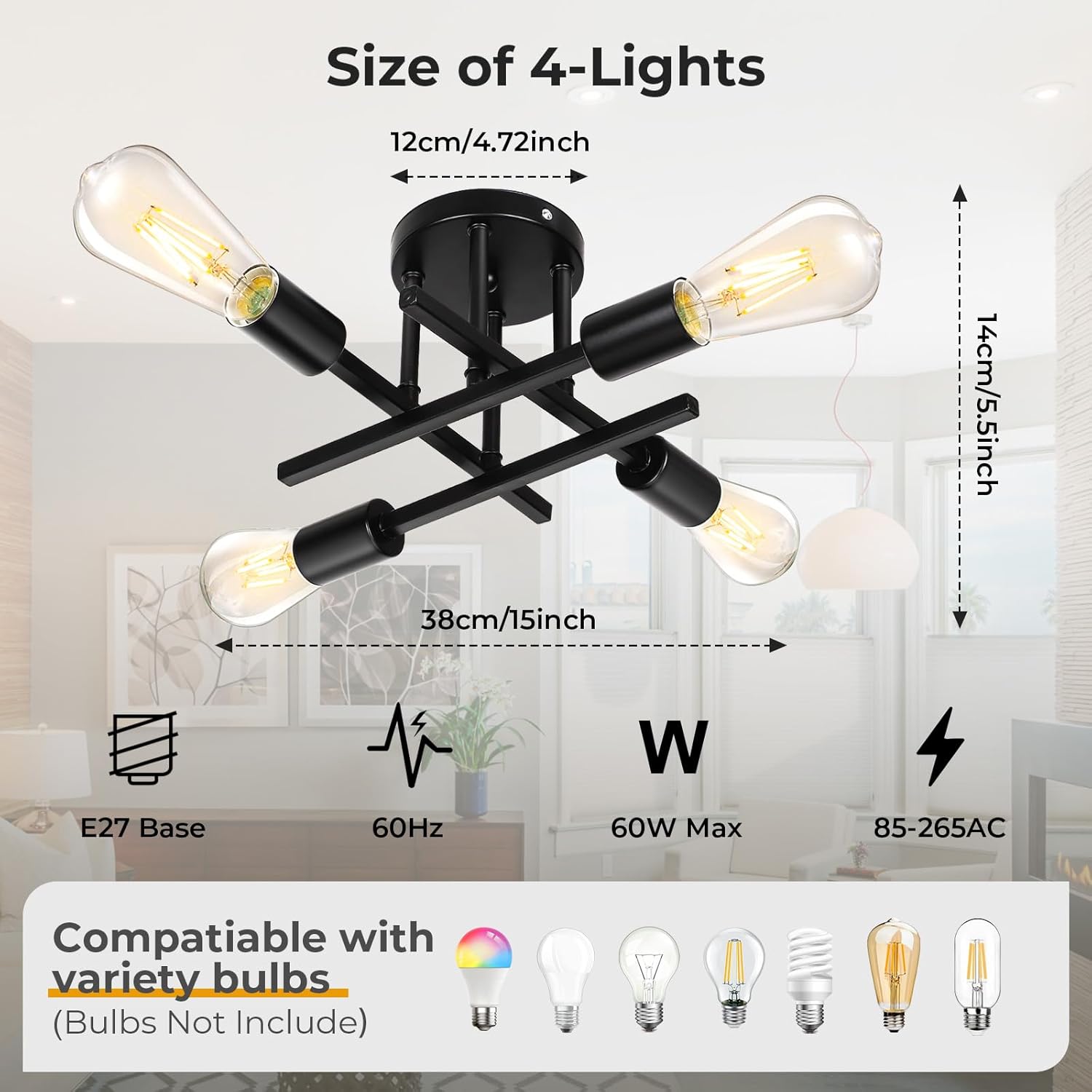 Ceiling light fixture with measurements and bulb compatibility on a white background