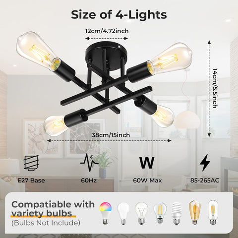 Ceiling light fixture with measurements and bulb compatibility on a white background