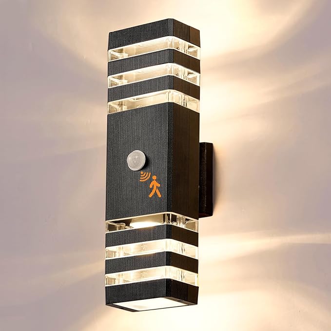 PIR Outdoor Wall Lights with Motion Sensor, Modern GU10 LED Up Down Outside Lights Mains Powered, IP67 Waterproof External Lighting Exterior Sconce Lamp for Front Door, Porch, Hallway