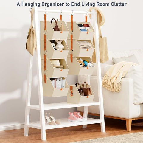 4-Tier Hanging Wardrobe Storage Organiser – Detachable Fabric Storage Bins with 8 Hooks for Clothes, Shoes & Accessories – Make Every Inch of Your Wardrobe Work Harder