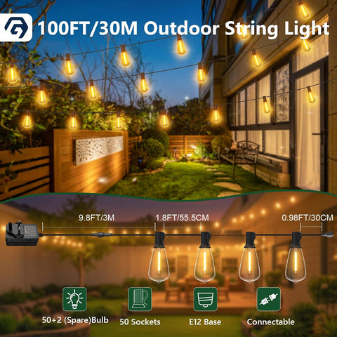 GPATIO Festoon Lights Outdoor 100FT/30M, Warm White ST38 Garden Lights, Waterproof Outdoor Light Mains Powered with 50+2 Plastic LED Bulbs, Led String Light for Patio Balcony Party Wedding