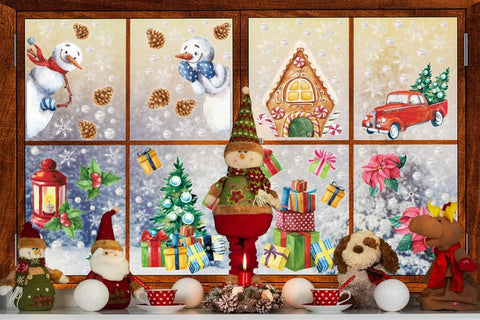 Christmas Window Stickers Set – 8 Sheets of Snowman, Santa & Gift Decals for Holiday Window Decorations