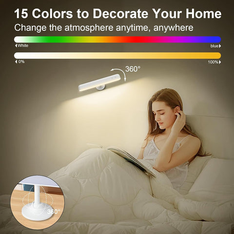 Rechargeable White Wall Lights, LED Battery Operated Wall Lights with 7500mAh Battery Lamp for Bedroom, 3 Colors with 15 RGB Colors, 360°Rotate & Stepless Dimmable Brightness
