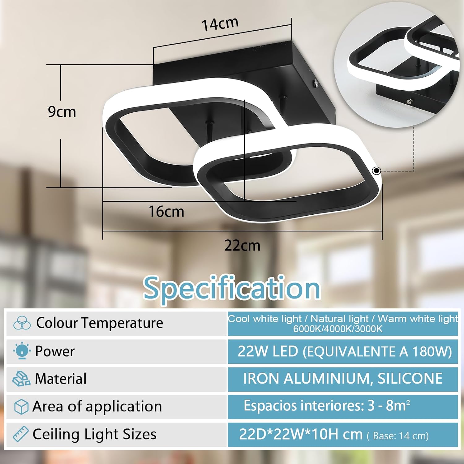 Ceiling light fixture with dimensions and specifications displayed