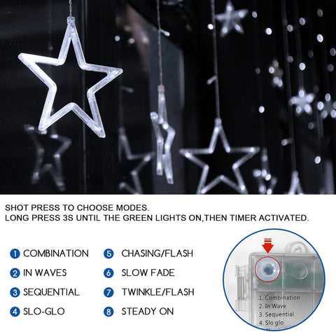 Jsdoin Christmas LED Stars Curtain Lights – Cool White 12 Stars 138 LEDs