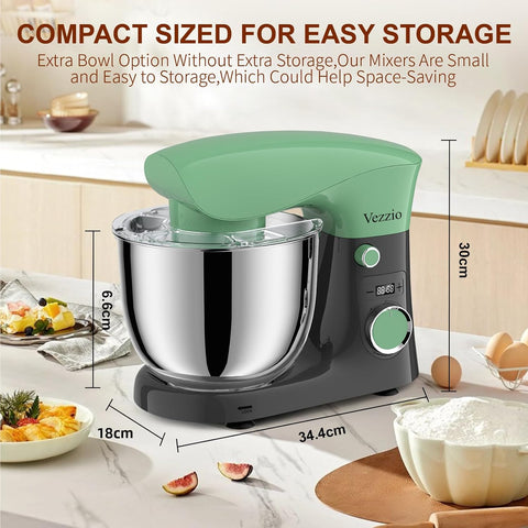 Small Stand Mixer 1500W – 10 Speed Food Mixer with 5.5L Bowl – Lightweight Dough Mixer for Baking & Cakes (Green Gray)