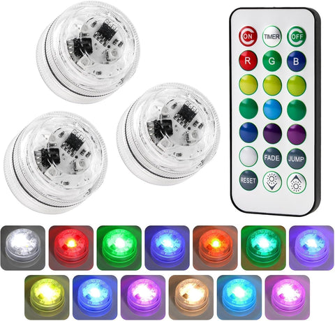 3 Pcs Mini Submersible LED Lights – Waterproof RGB Colour Changing Tea Lights with Remote Control for Ponds, Vases, Aquariums & Decorations