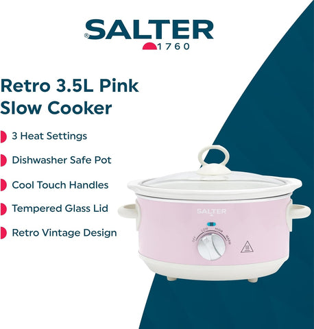 Salter Retro Pink 3.5L Slow Cooker – Electric Ceramic Pot 200W