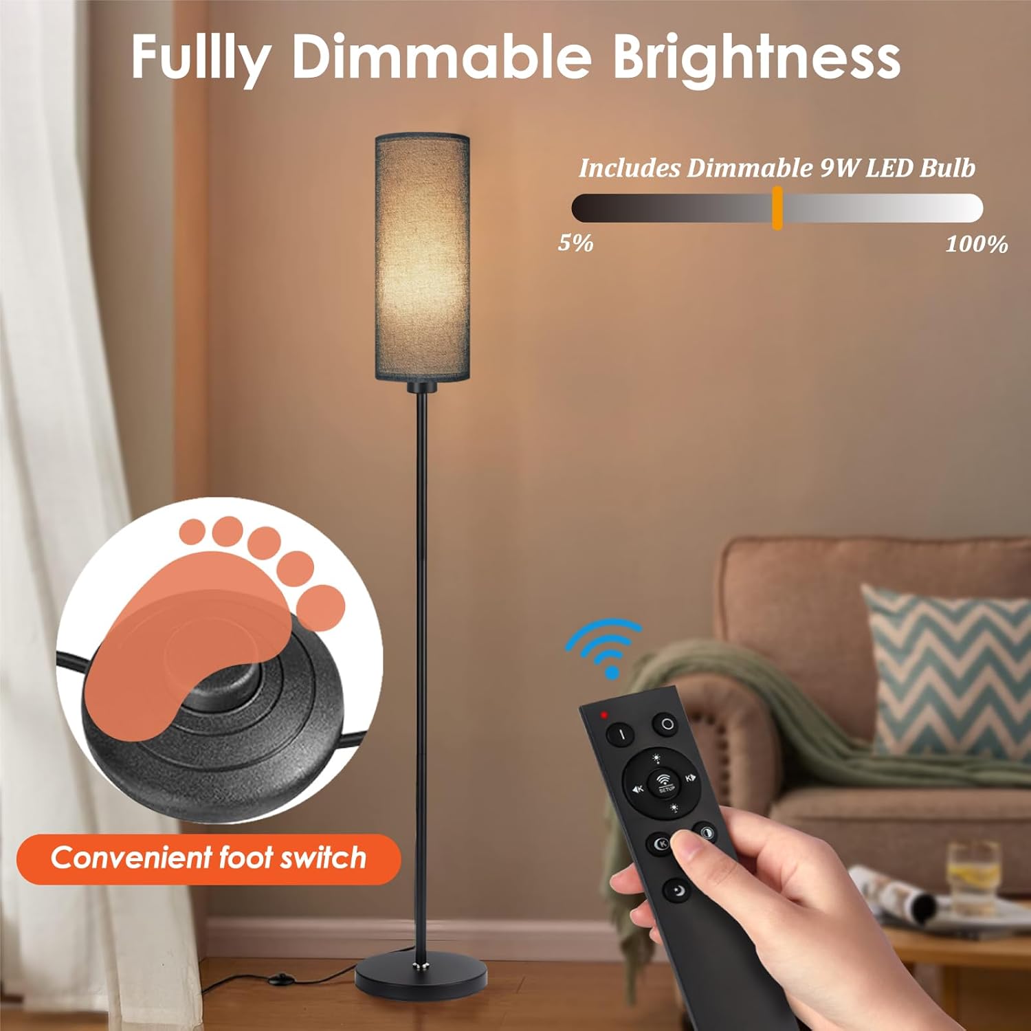 Floor lamp with dimmable feature, remote control, and foot switch in a living room setting.