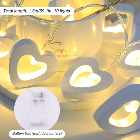 Wooden Heart LED Fairy String Lights, 59 Inch Battery Operated Decorative Lighting for Bedroom, Wedding & Home Décor