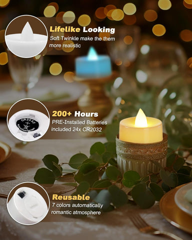 24 Pack Flameless LED Votive Candles, Long Lasting Battery Operated Tea Lights, Electric Fake Candles in Warm White for Wedding,Home Decor (3.8X 4CM, Batteries Included) Multi-Colour