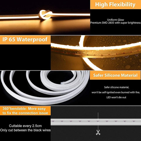 LED strip light with features highlighted on a black background
