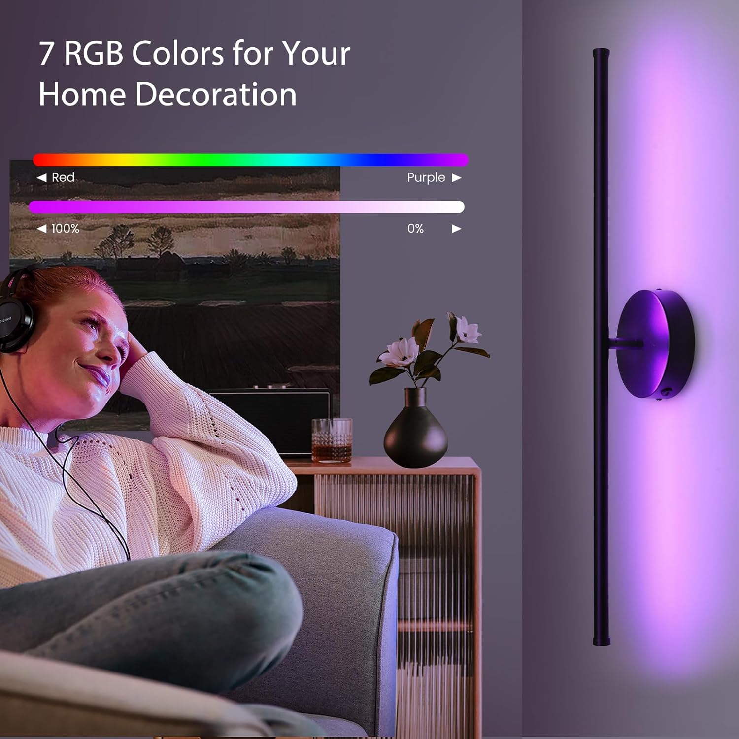 Woman watching TV with a wall-mounted LED light displaying RGB colors on a gray wall.