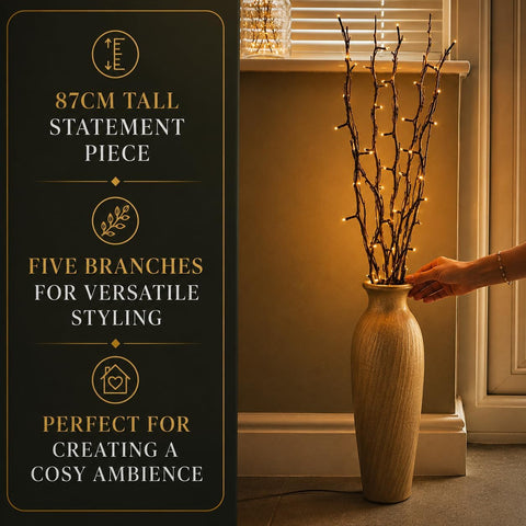 Festive Lights 5 x 87cm Brown Willow Twig Branch Lights – 50 Warm White LED Indoor Decorative Lights for Vases, Tables, Bedrooms & Living Rooms