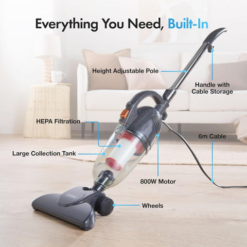 VonHaus 2-in-1 Stick Vacuum Cleaner 800W | 17000Pa Powerful Suction | Lightweight Upright & Handheld Vacuum with HEPA Filter, 1.3L Dust Tank & Accessories – Grey