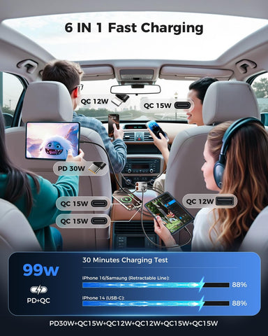 SUPERONE 99W 6-Port Retractable Fast Car Charger Adapter