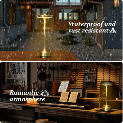 Rechargeable Gold Table Lamp, 5200mAh Cordless Touch Dimmable LED Lamp with 3 Colour Temperatures, USB-C Rechargeable, IPX4 Splash-Resistant for Bedroom, Dining Table & Covered Patio