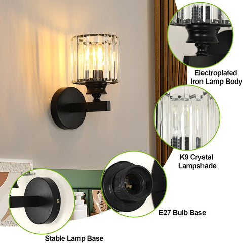 Modern Crystal Wall Light E27 Black Wall Sconce