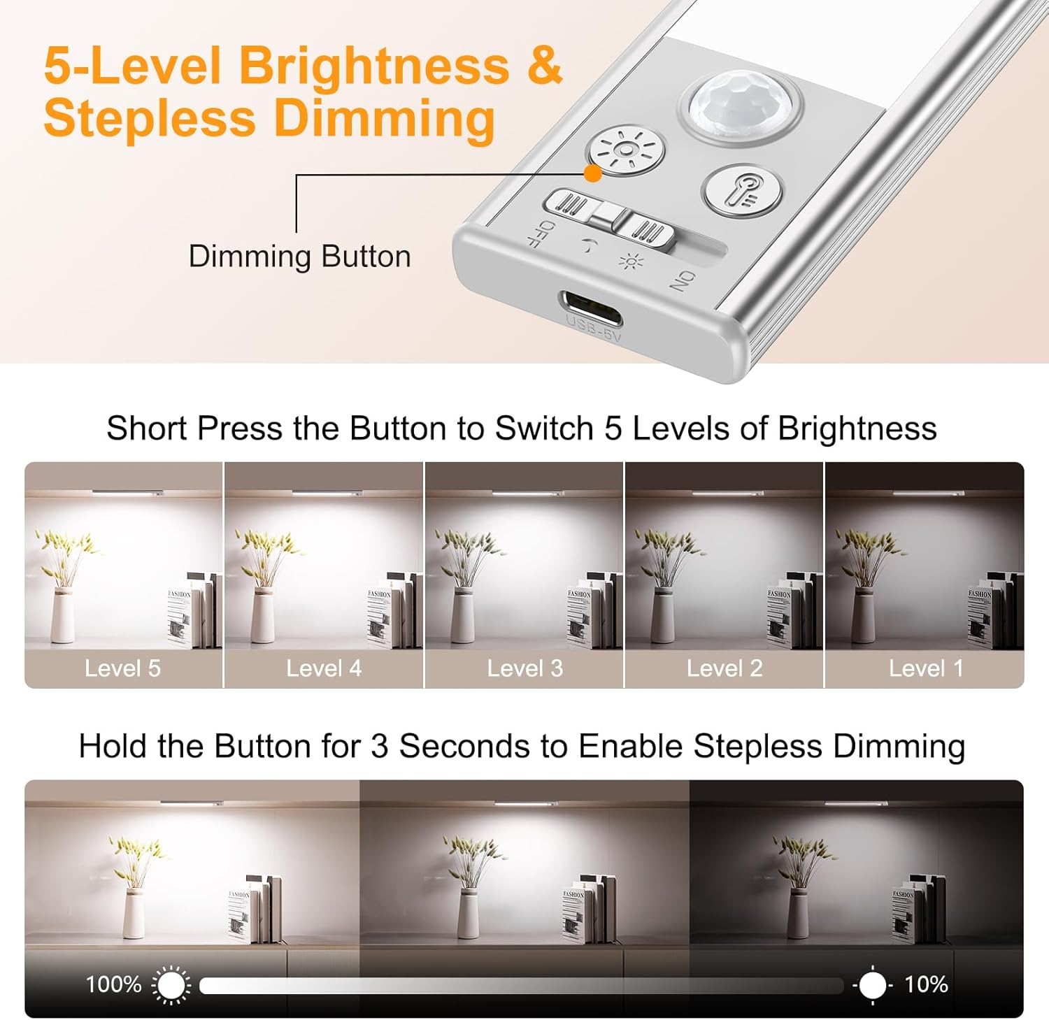 Control panel with dimming functions and light level display on a neutral background