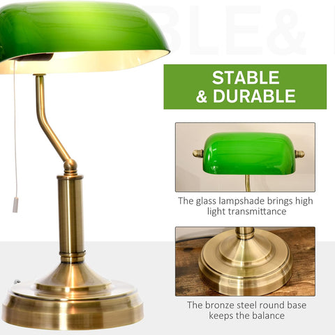 HOMCOM Green Glass Banker’s Table Lamp with Brass Tone Finish – E27 Desk Light for Home Office & Study