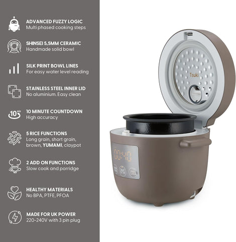 Yum Asia Tsuki Mini Rice Cooker – Pebble Grey – 0.45L Shinsei Ceramic Bowl
