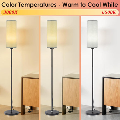 Three floor lamps with different color temperatures on a neutral background